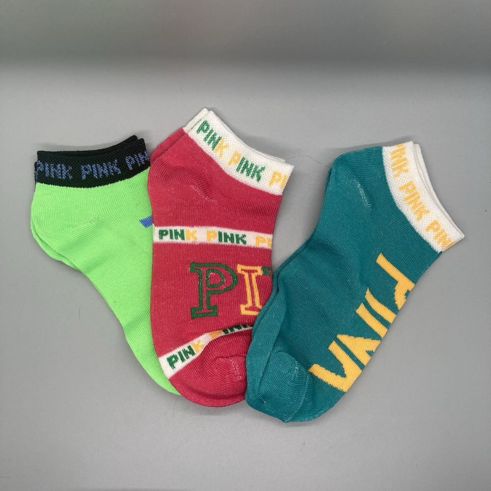 New Without Tags Victoria's Secret PINK Low Ankle Socks 3 Pairs Green Pink Teal